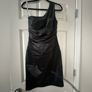 David's Bridal One Shoulder Stretch Satin Short Dress
Color Black size 4